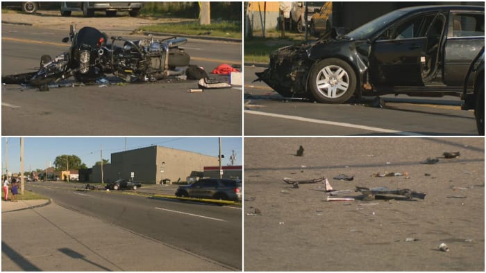 5 people taken to hospital after car, motorcycle collide on Schoolcraft Road